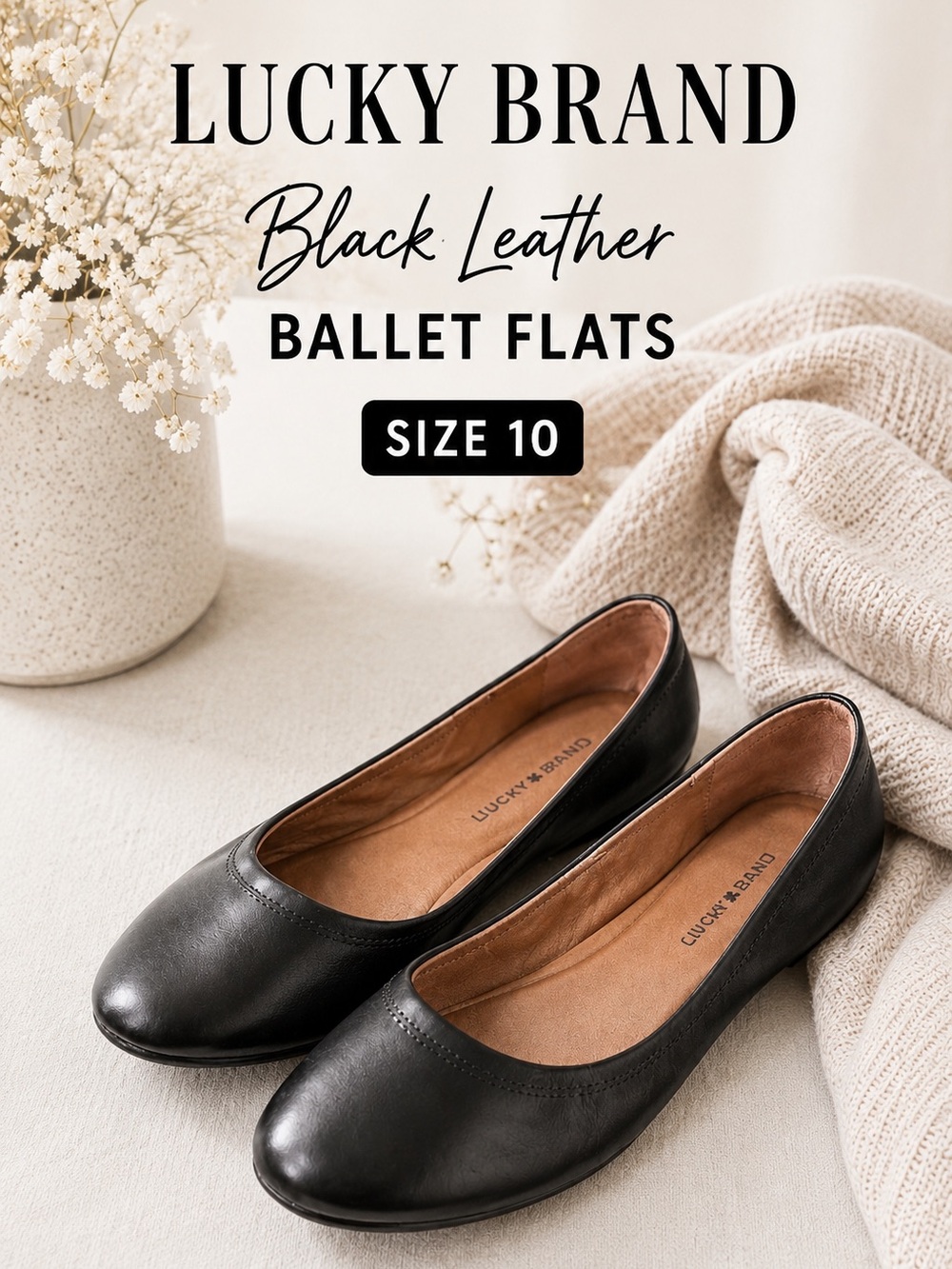Lucky Brand Black Leather Ballet Flats Size 10 Round Toe Comfort Slip-On Shoes